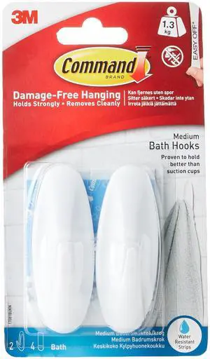 Designer Bath Hooks, Medium, White, 2-Hooks with Water-Resistant Strips (17081B-ES), Organize Your Dorm Designer Bath Hooks, Medium, White, 2-Hooks with Water-Resistant Strips (17081B-ES), Organize Your Dorm