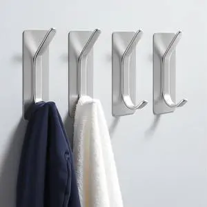 Adhesive Coat Hooks for Hanging, Heavy Duty Stainless Steel Double Wall Hook for Towel, Backpack, Hat, Damage-Free Hangers for Bathroom, Bedroom, Kitchen, 4 Pack, Brushed, AYG-RC-LS-4P Adhesive Coat Hooks for Hanging, Heavy Duty Stainless Steel Double Wall Hook for Towel, Backpack, Hat, Damage-Free Hangers for Bathroom, Bedroom, Kitchen, 4 Pack, Brushed, AYG-RC-LS-4P