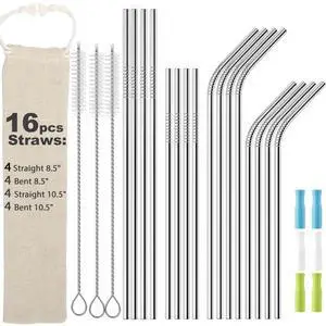 16 Pack Reusable Stainless Steel Metal Straws for Tumblers, 8pcs 8.5" + 8pcs10.5", Comes with 6 Silicone Tips, 3 Cleaning Brushes & Storage Pouch, BPA Free Drinking Straws 16 Pack Reusable Stainless Steel Metal Straws for Tumblers, 8pcs 8.5" + 8pcs10.5", Comes with 6 Silicone Tips, 3 Cleaning Brushes & Storage Pouch, BPA Free Drinking Straws