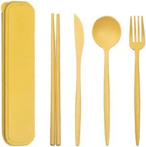 Reusable Travel Utensils Set with Case, Wheat Straw Portable Plastic Fork Spoon Knife Chopsticks Camping Cutlery, Eco-Friendly BPA Free Tableware Picnic Flatware for Kids Adults or Daily Use (Yellow) Reusable Travel Utensils Set with Case, Wheat Straw Portable Plastic Fork Spoon Knife Chopsticks Camping Cutlery, Eco-Friendly BPA Free Tableware Picnic Flatware for Kids Adults or Daily Use (Yellow)
