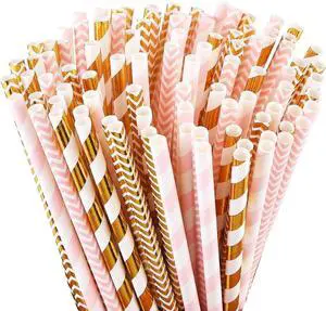 Gold Pink Paper Straws, 100 Pack Striped Party Straws Gold Pink Paper Straws, 100 Pack Striped Party Straws
