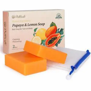 Papaya Lemon Exfoliating Soap for Face & Body, 2 Bars with Foaming Net Papaya Lemon Exfoliating Soap for Face & Body, 2 Bars with Foaming Net