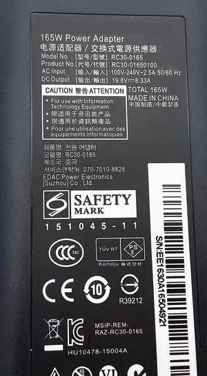 19.8V 8.33A 165W AC Adapter RC30-0165 RC30-01650100 Compatible for Razer Blade Pro RZ09-0220 RZ09-0195 Power Supply 19.8V 8.33A 165W AC Adapter RC30-0165 RC30-01650100 Compatible for Razer Blade Pro RZ09-0220 RZ09-0195 Power Supply