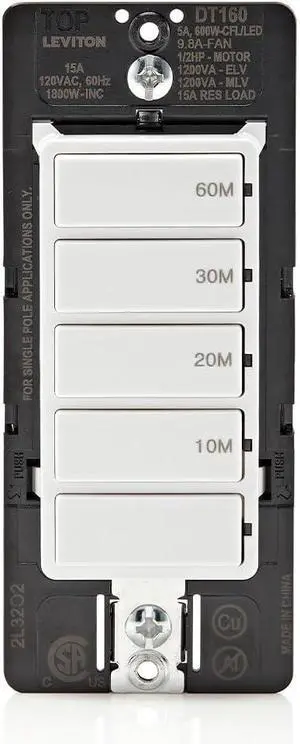 Leviton Countdown Timer Switch, 10-20-30-60 min, No Neutral Required, Single Pole, 15 Amp, DT160-1LW, White Leviton Countdown Timer Switch, 10-20-30-60 min, No Neutral Required, Single Pole, 15 Amp, DT160-1LW, White