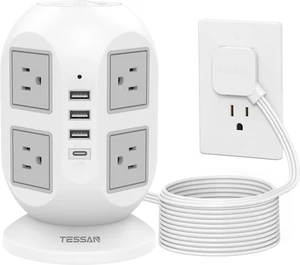 Flat Plug Tower Power Bars with Surge Protector, TESSAN 10 Ft Power Strip Extension Cord Indoor, Charging Station with 8 Multi Outlets, 4 USB Ports (1USB C), Home Office Dorm Room Supplies, Gray Flat Plug Tower Power Bars with Surge Protector, TESSAN 10 Ft Power Strip Extension Cord Indoor, Charging Station with 8 Multi Outlets, 4 USB Ports (1USB C), Home Office Dorm Room Supplies, Gray