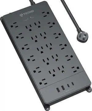TROND Power Bar Surge Protector with USB C, 22 Widely Spaced Outlets, 5ft Flat Plug Extension Cord Indoor, 4000 Joules, ETL Listed, 14AWG Heavy Duty, Wall Mount, Home Office Desk Accessories, Black TROND Power Bar Surge Protector with USB C, 22 Widely Spaced Outlets, 5ft Flat Plug Extension Cord Indoor, 4000 Joules, ETL Listed, 14AWG Heavy Duty, Wall Mount, Home Office Desk Accessories, Black