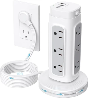 TROND Tower Power Bar Surge Protector with PD 20W USB C, 10ft Retractable Flat Plug Extension Cord Indoor, 12 Widely Spaced Outlets, Vertical Charging Station, Home Office Dorm Room Essentials, White TROND Tower Power Bar Surge Protector with PD 20W USB C, 10ft Retractable Flat Plug Extension Cord Indoor, 12 Widely Spaced Outlets, Vertical Charging Station, Home Office Dorm Room Essentials, White