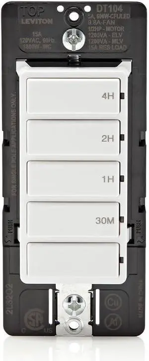 Leviton Countdown Timer Switch for Household Lights, heaters and Exhaust Fans, 30 min, 1-2-4 Hour, No Neutral Wire Required, Single Pole, 15A, 1/2 HP/9.8A Fan/Motor, DT104-1LW, White Leviton Countdown Timer Switch for Household Lights, heaters and Exhaust Fans, 30 min, 1-2-4 Hour, No Neutral Wire Required, Single Pole, 15A, 1/2 HP/9.8A Fan/Motor, DT104-1LW, White