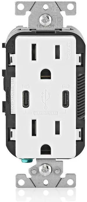 Leviton USB Dual Type-C Receptacle 15 Amp, Tamper-Resistant, T5637-W, White Leviton USB Dual Type-C Receptacle 15 Amp, Tamper-Resistant, T5637-W, White