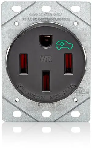 Leviton EV Charging Receptacle 50 Amp, Outdoor, Weather Resistant, Heavy Duty, 1450W, Black Leviton EV Charging Receptacle 50 Amp, Outdoor, Weather Resistant, Heavy Duty, 1450W, Black