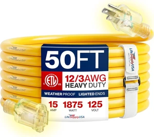 50ft Outdoor/Indoor Extension Cord 12/3 Gauge Extra Heavy Duty 3 Prong SJTW, Waterproof, ETL Listed, Flexible Cold-Resistant Long Power Cord,15A 125V 1875W, Yellow by LifeSupplyUSA 50ft Outdoor/Indoor Extension Cord 12/3 Gauge Extra Heavy Duty 3 Prong SJTW, Waterproof, ETL Listed, Flexible Cold-Resistant Long Power Cord,15A 125V 1875W, Yellow by LifeSupplyUSA
