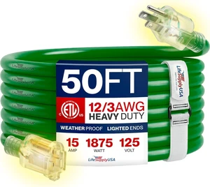 50ft Outdoor/Indoor Extension Cord 12/3 Gauge Extra Heavy Duty 3 Prong SJTW, Waterproof, ETL Listed, Flexible Cold-Resistant Long Power Cord,15A 125V 1875W, Green by LifeSupplyUSA 50ft Outdoor/Indoor Extension Cord 12/3 Gauge Extra Heavy Duty 3 Prong SJTW, Waterproof, ETL Listed, Flexible Cold-Resistant Long Power Cord,15A 125V 1875W, Green by LifeSupplyUSA