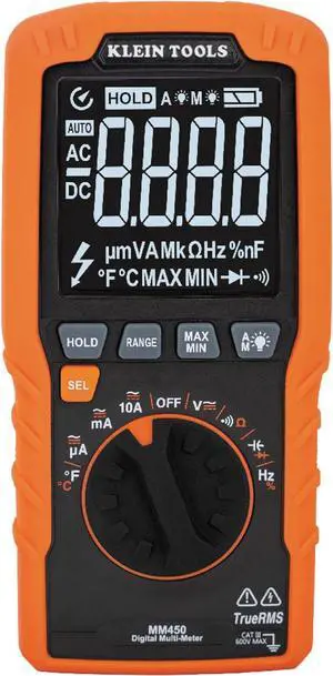 Klein Tools MM450 Slim Digital Multimeter, Reverse Contrast Display with Lead Alert, Auto-Ranging TRMS, 600V AC/DC Voltage, Current, Resistance, Temp, Frequency, Continuity Klein Tools MM450 Slim Digital Multimeter, Reverse Contrast Display with Lead Alert, Auto-Ranging TRMS, 600V AC/DC Voltage, Current, Resistance, Temp, Frequency, Continuity