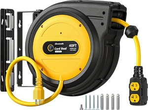 DEWENWILS Retractable Extension Cord Reel 40FT, Yellow | 10AWG SJTOW Heavy Duty, Auto-Rewind No-Tangle, 20 Amp Circuit Breaker, 4 Outlets, Ceiling/Wall Mount DEWENWILS Retractable Extension Cord Reel 40FT, Yellow | 10AWG SJTOW Heavy Duty, Auto-Rewind No-Tangle, 20 Amp Circuit Breaker, 4 Outlets, Ceiling/Wall Mount