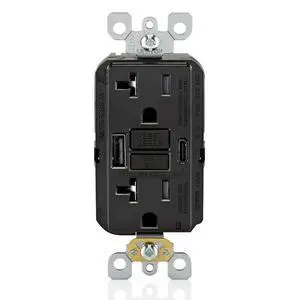 Leviton GFCI USB Type A-C Combination Receptacle, 20 Amp Tamper-Resistant, Smartlock Pro Self-Test, GUAC2-00E, Black Leviton GFCI USB Type A-C Combination Receptacle, 20 Amp Tamper-Resistant, Smartlock Pro Self-Test, GUAC2-00E, Black