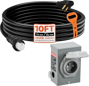 VEVOR 50 Amp Generator Cord and Power Inlet Box, 10FT, 125V/250V STW 6/3 + 8/1 AWG Extension Power Cord, NEMA 14-50P to SS2-50R, Twist Lock Connector, Inlet Box Kit, for Generator to House, ETL Listed VEVOR 50 Amp Generator Cord and Power Inlet Box, 10FT, 125V/250V STW 6/3 + 8/1 AWG Extension Power Cord, NEMA 14-50P to SS2-50R, Twist Lock Connector, Inlet Box Kit, for Generator to House, ETL Listed