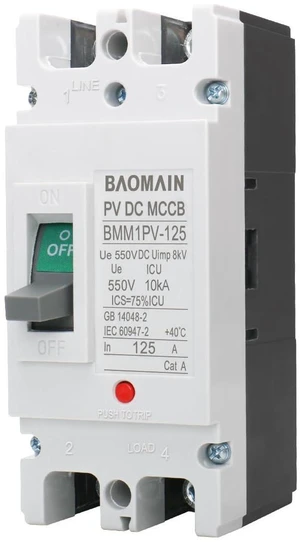 Baomain 125 Amp DC Circuit Breaker for Off-Grid Solar System,125A 2 Pole DC 550V, Moulded Case IP20 DC MCCB BMM1PV-125(125A) Baomain 125 Amp DC Circuit Breaker for Off-Grid Solar System,125A 2 Pole DC 550V, Moulded Case IP20 DC MCCB BMM1PV-125(125A)