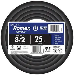 Southwire 28893621 8/2 AWG 25ft. Nonmetallic with Ground Sheathed Cable, Black Southwire 28893621 8/2 AWG 25ft. Nonmetallic with Ground Sheathed Cable, Black