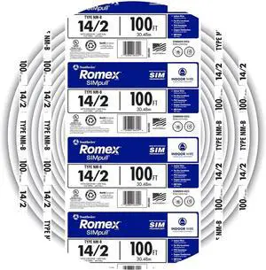 Southwire Romex Brand Simpull Solid Indoor 14/2 W/G NMB Cable 100ft Coil - SW# 28827423 Southwire Romex Brand Simpull Solid Indoor 14/2 W/G NMB Cable 100ft Coil - SW# 28827423