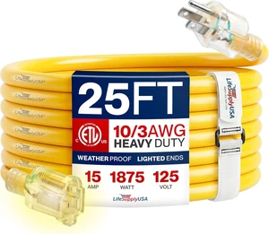 25ft Outdoor/Indoor Extension Cord 10/3 Gauge Ultra Heavy Duty 3 Prong SJTW, Waterproof, ETL Listed, Flexible Cold-Resistant Long Power Cord,15A 125V 1875W, Yellow by LifeSupplyUSA 25ft Outdoor/Indoor Extension Cord 10/3 Gauge Ultra Heavy Duty 3 Prong SJTW, Waterproof, ETL Listed, Flexible Cold-Resistant Long Power Cord,15A 125V 1875W, Yellow by LifeSupplyUSA