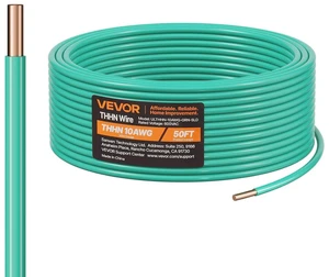 VEVOR 10 AWG Solid THHN Wire, 100% OFC Copper Electrical Building Wire with Nylon Jacket PVC Insulation, Rated for Up to 600 Volts, Heavy-Duty for Residential, Industrial, Commercial, Green (50 Feet) VEVOR 10 AWG Solid THHN Wire, 100% OFC Copper Electrical Building Wire with Nylon Jacket PVC Insulation, Rated for Up to 600 Volts, Heavy-Duty for Residential, Industrial, Commercial, Green (50 Feet)