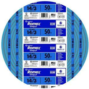 Southwire Romex SIMpull Wire, 14 Gauge, 3 Conductor, 50 Ft, W/G NM-B Cable, Blue, 63946922 Southwire Romex SIMpull Wire, 14 Gauge, 3 Conductor, 50 Ft, W/G NM-B Cable, Blue, 63946922
