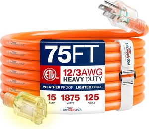 75ft Outdoor/Indoor Extension Cord 12/3 Gauge Extra Heavy Duty 3 Prong SJTW, Waterproof, ETL Listed, Flexible Cold-Resistant Long Power Cord,15A 125V 1875W, Orange by LifeSupplyUSA 75ft Outdoor/Indoor Extension Cord 12/3 Gauge Extra Heavy Duty 3 Prong SJTW, Waterproof, ETL Listed, Flexible Cold-Resistant Long Power Cord,15A 125V 1875W, Orange by LifeSupplyUSA