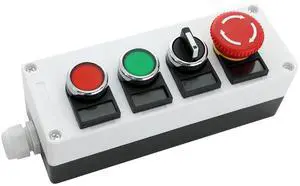 22mm Control Station Box Set - Includes N/O Small Momentary Push Buttons (Red and Green), 2-Position Maintained Selector Rotary Switch and Stay-Put Mushroom Head Emergency Push Button 22mm Control Station Box Set - Includes N/O Small Momentary Push Buttons (Red and Green), 2-Position Maintained Selector Rotary Switch and Stay-Put Mushroom Head Emergency Push Button