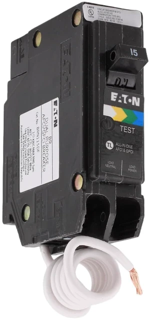 BRN115A1CS AFCI/GFCI All-in-One Circuit Breaker, 15 Amp Single Pole, Pigtail Neutral, 120V, 10 kAIC, UL Listed (1) BRN115A1CS AFCI/GFCI All-in-One Circuit Breaker, 15 Amp Single Pole, Pigtail Neutral, 120V, 10 kAIC, UL Listed (1)