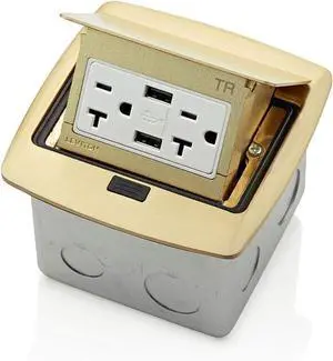 Leviton Pop-Up Floor Box with Dual USB Type A Receptacle, 20 Amp, PFUS2-0BR, Brass Leviton Pop-Up Floor Box with Dual USB Type A Receptacle, 20 Amp, PFUS2-0BR, Brass