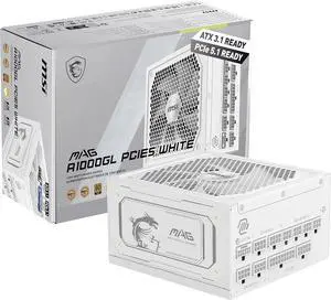 MSI MAG A1000GL PCIE5 White, Fully Modular Compact Gaming 1000W Power Supply, 80+ Gold, ATX 3.1 & PCIe 5.1 Ready, Native Dual-Color 12V-2x6 Cable, Low-Noise, Embossed Jacket Cables, 10 Year Warranty MSI MAG A1000GL PCIE5 White, Fully Modular Compact Gaming 1000W Power Supply, 80+ Gold, ATX 3.1 & PCIe 5.1 Ready, Native Dual-Color 12V-2x6 Cable, Low-Noise, Embossed Jacket Cables, 10 Year Warranty
