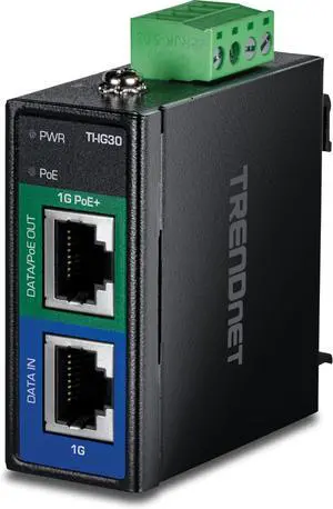 TRENDnet Industrial 30W Gigabit PoE+ Injector, TI-IG30, 1 x Gigabit Port, 1 x Gigabit PoE+ Port, Provides PoE (15.4W) or PoE+ (30W) Power, NDAA & TAA Compliant TRENDnet Industrial 30W Gigabit PoE+ Injector, TI-IG30, 1 x Gigabit Port, 1 x Gigabit PoE+ Port, Provides PoE (15.4W) or PoE+ (30W) Power, NDAA & TAA Compliant