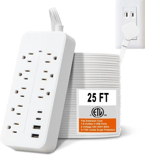 Flat Extension Cord 25 ft, Extra Long Cord Surge Protector Power Bar with 8 Outlets 4 USB Ports, Extension Cord Indoor, Multiple Outlets Protection for Home, Office, Dorm Room Essentials, White Flat Extension Cord 25 ft, Extra Long Cord Surge Protector Power Bar with 8 Outlets 4 USB Ports, Extension Cord Indoor, Multiple Outlets Protection for Home, Office, Dorm Room Essentials, White