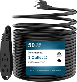 50-Feet 3 Outlet Extension Cord, Kasonic UL Listed, 16/3 SJTW 3-Wire Grounded, 13 Amp 125 V 1625 Watts, Multi-Outlet Indoor/Outdoor Use, Black 50-Feet 3 Outlet Extension Cord, Kasonic UL Listed, 16/3 SJTW 3-Wire Grounded, 13 Amp 125 V 1625 Watts, Multi-Outlet Indoor/Outdoor Use, Black