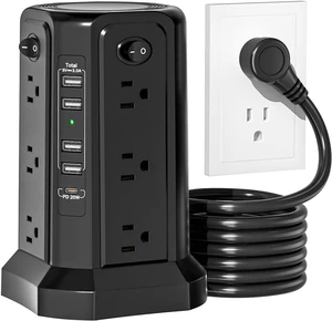 PASSUS Tower Power Bar with Surge Protector,10FT Long Extension Cord Indoor,Power Strip with 12 AC Multiple Outlet and 5USB(1USB C) Ports, Desk Charging Station for Dorm Home Office Essentials PASSUS Tower Power Bar with Surge Protector,10FT Long Extension Cord Indoor,Power Strip with 12 AC Multiple Outlet and 5USB(1USB C) Ports, Desk Charging Station for Dorm Home Office Essentials