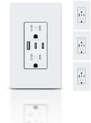 TOPELER 4Pack USB Outlet, 30W 6.0A USB C Wall Receptacle with 3 USB Port, 15 Amp TR Receptacle with Type A & Type C USB Charging Ports, ETL & FCC Listed, Screwless Wall Plate Included, White TOPELER 4Pack USB Outlet, 30W 6.0A USB C Wall Receptacle with 3 USB Port, 15 Amp TR Receptacle with Type A & Type C USB Charging Ports, ETL & FCC Listed, Screwless Wall Plate Included, White