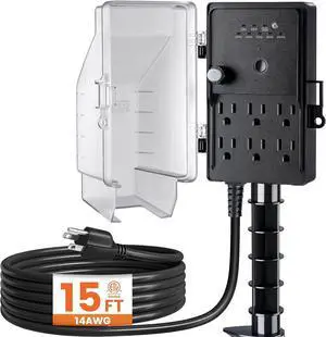 SURAIELEC Outdoor Power Stake, Dusk to Dawn Light Timer, 15FT Extension Cord Multiple Outlet; 6 Electrical Outlet Power Strip Weatherproof, for Patio Lights, Sprinkler, Garden, Christmas Decorations SURAIELEC Outdoor Power Stake, Dusk to Dawn Light Timer, 15FT Extension Cord Multiple Outlet; 6 Electrical Outlet Power Strip Weatherproof, for Patio Lights, Sprinkler, Garden, Christmas Decorations