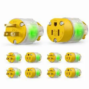 Lighted Eectrical Connectors Plug and Connector Set, Straight Blade Cord End Replacement, 15 Amp 125Volt, NEMA 5-15P & NEMA 5-15R, 2 Pole 3Wire Grounding, Yellow, 5 Set Lighted Eectrical Connectors Plug and Connector Set, Straight Blade Cord End Replacement, 15 Amp 125Volt, NEMA 5-15P & NEMA 5-15R, 2 Pole 3Wire Grounding, Yellow, 5 Set