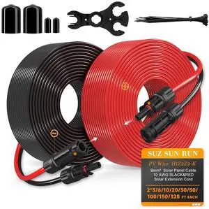 SJZSUNRUN 10 Gauge Wire 50FT Solar Extension Cable 10 AWG (6mm²) PV Tinned Copper Wire with 2 Pairs Solar MC4 Connectors for Solar Panels Cable, Outdoor Automotive, Marine, (50FT Black& 50FT Red) SJZSUNRUN 10 Gauge Wire 50FT Solar Extension Cable 10 AWG (6mm²) PV Tinned Copper Wire with 2 Pairs Solar MC4 Connectors for Solar Panels Cable, Outdoor Automotive, Marine, (50FT Black& 50FT Red)