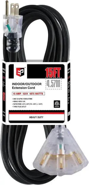 EP 15 Ft 12 Gauge Heavy Duty Extension Cord, 15A 125V 1875W, 3 Outlet Indoor/Outdoor Power Cord with Lighted End, 12/3 SJTW Weatherproof Black, UL Listed EP 15 Ft 12 Gauge Heavy Duty Extension Cord, 15A 125V 1875W, 3 Outlet Indoor/Outdoor Power Cord with Lighted End, 12/3 SJTW Weatherproof Black, UL Listed