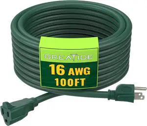 Indoor Outdoor Extension Cord 100 FT, 16/3 SJTW Weatherproof Green Electrical Cords, 10 AMP Heavy Duty 3 Prong Power Cable Great for Garden, Landscaping & Holiday Decorations Indoor Outdoor Extension Cord 100 FT, 16/3 SJTW Weatherproof Green Electrical Cords, 10 AMP Heavy Duty 3 Prong Power Cable Great for Garden, Landscaping & Holiday Decorations