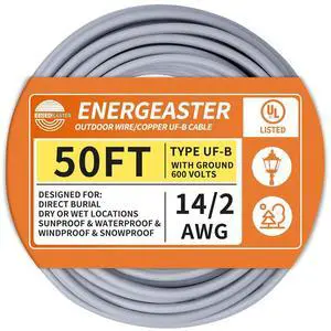 14/2 UF-B Wire 50FT Pure Copper Direct Burial Cable, Sunlight & Moisture Resistant, Ideal for Outdoor Lighting & Pump Installations & Residential Indoor Electrical Projects 14/2 UF-B Wire 50FT Pure Copper Direct Burial Cable, Sunlight & Moisture Resistant, Ideal for Outdoor Lighting & Pump Installations & Residential Indoor Electrical Projects