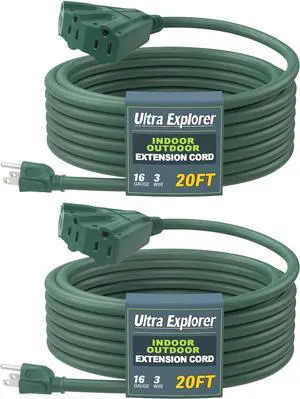2 Pack 20 Ft Indoor Outdoor Extension Cord with 3 Electrical Power Outlets - 16/3 SJTW Long-Lasting Black Power Cable with 3 Prong Grounded Plug 2 Pack 20 Ft Indoor Outdoor Extension Cord with 3 Electrical Power Outlets - 16/3 SJTW Long-Lasting Black Power Cable with 3 Prong Grounded Plug