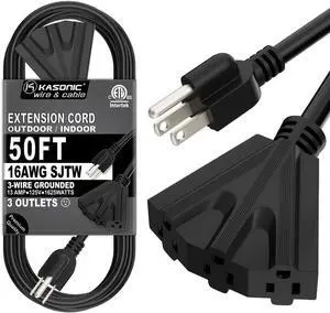K KASONIC - 50 Ft Extension Cord with 3 Outlets, UL Listed 16/3 SJTW 3-Wire Grounded, 13A 125V 1625W for Indoor/Outdoor Use - Black K KASONIC - 50 Ft Extension Cord with 3 Outlets, UL Listed 16/3 SJTW 3-Wire Grounded, 13A 125V 1625W for Indoor/Outdoor Use - Black