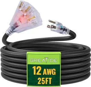 25 Ft Lighted Outdoor Extension Cord with 3 Electrical Power Outlets - 12/3 SJTW Heavy Duty Black Extension Cable with 3 Prong Grounded Plug for Safety, UL Listed 25 Ft Lighted Outdoor Extension Cord with 3 Electrical Power Outlets - 12/3 SJTW Heavy Duty Black Extension Cable with 3 Prong Grounded Plug for Safety, UL Listed