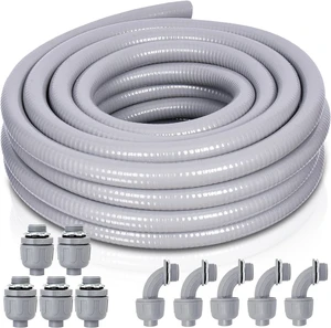 Liquid-Tight Conduit and Connector Kit - 3/4 Inch 25ft UL Certified Non Metallic Liquid Tight Electrical Conduit with 5 Straight and 3 Angle Fittings Liquid-Tight Conduit and Connector Kit - 3/4 Inch 25ft UL Certified Non Metallic Liquid Tight Electrical Conduit with 5 Straight and 3 Angle Fittings
