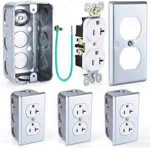 4-Pack Outlet Box Kit, 4x2 Utility Electrical Box with Tamper Resistant 20 Amp Duplex Receptacle, Duplex Receptacle Cover, Pigtail Grounding Wire & Screws, Complete Installation Set 4-Pack Outlet Box Kit, 4x2 Utility Electrical Box with Tamper Resistant 20 Amp Duplex Receptacle, Duplex Receptacle Cover, Pigtail Grounding Wire & Screws, Complete Installation Set