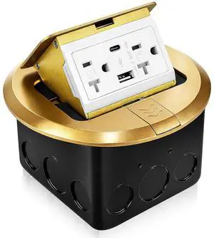 Round Pop Up Floor Outlet Box, Waterproof Electrical Outlet Cover with Soft Close, 4.8A USB+20A Tamper-Resistant Receptacle Floor Electrical Outlet for Kitchen, Office, Desk & Countertop (Gold) Round Pop Up Floor Outlet Box, Waterproof Electrical Outlet Cover with Soft Close, 4.8A USB+20A Tamper-Resistant Receptacle Floor Electrical Outlet for Kitchen, Office, Desk & Countertop (Gold)