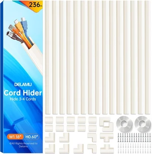 Delamu 236 in Cable Concealer Raceway, Cord Cover, Wire Hider for Wall Mounted TVs, Cable Hider Cover with Easy Snap-on Elbows, TV Cable Management System, 15x L15.7in W1.18in H0.6in, Beige Delamu 236 in Cable Concealer Raceway, Cord Cover, Wire Hider for Wall Mounted TVs, Cable Hider Cover with Easy Snap-on Elbows, TV Cable Management System, 15x L15.7in W1.18in H0.6in, Beige