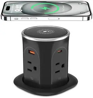 3.15in Pop Up Countertop Outlet with 15W Wireless Charger, Max 20W USB Power Delivery 15A Tamper Resistant, Desktop Mount Electrical Receptacle with 4 Outlets & 4 USB for Home Office 3.15in Pop Up Countertop Outlet with 15W Wireless Charger, Max 20W USB Power Delivery 15A Tamper Resistant, Desktop Mount Electrical Receptacle with 4 Outlets & 4 USB for Home Office